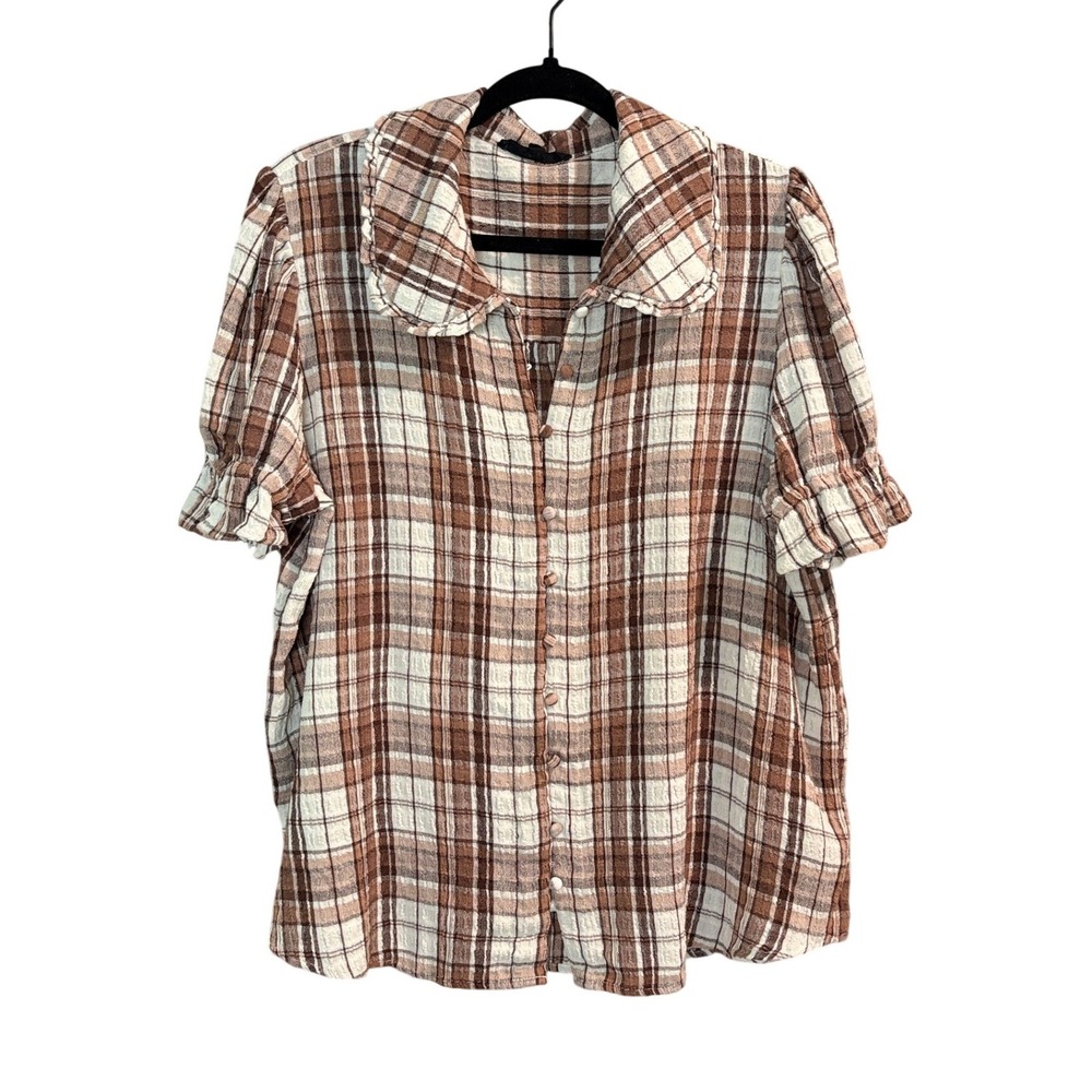 Jane + Delancey Brown Plaid Puff Sleeve Button Front Blouse XL Cottagecore Boho